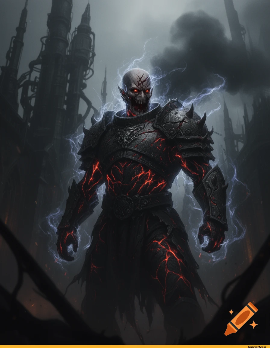 A demonic warrior with glowing red eyes and cracking skin, covered in dark armor and surrounded by blue lightning, stands before a gloomy gothic castle.