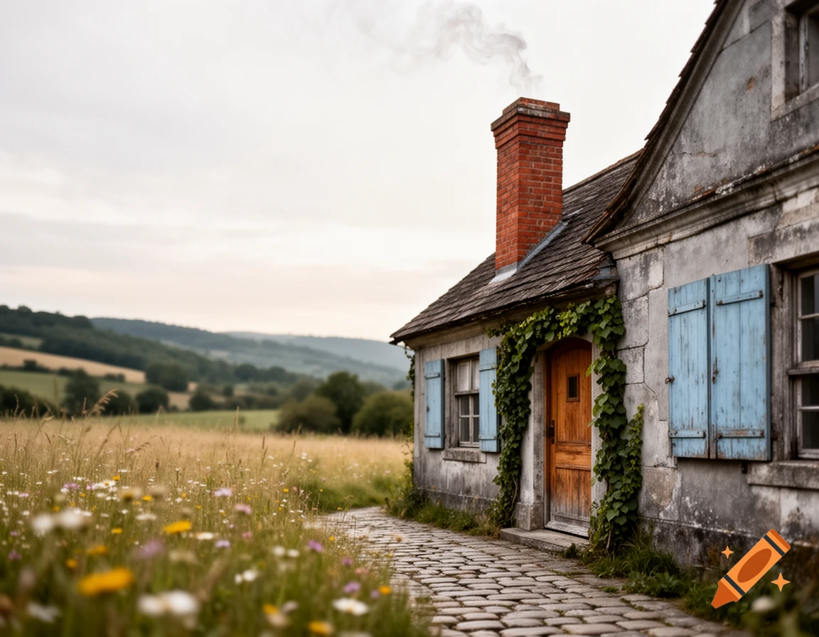 A rustic stone house with a smoking brick chimney, blue shutters, and an ivy-covered wooden door, beside a cobblestone path through a wild meadow with hills.