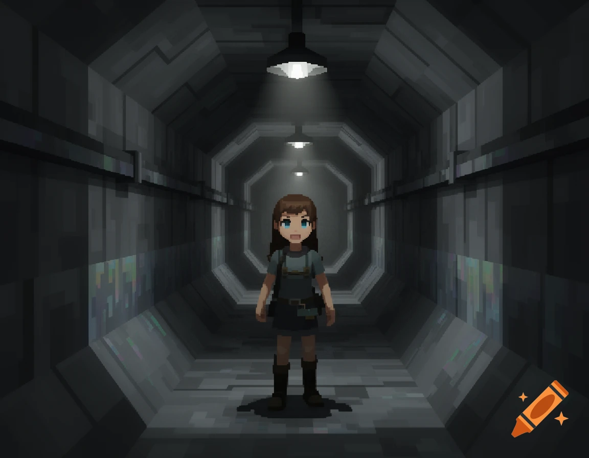 A pixel art young girl stands in a dimly lit, dark gray, octagonal corridor, evoking a PS2 low-poly style.