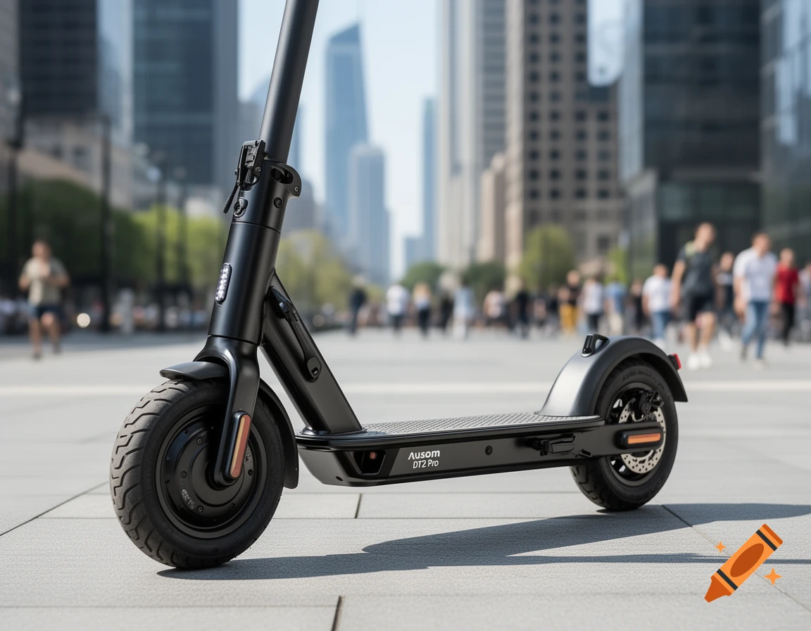 A black electric scooter with "Ausom DT2 Pro" on its side, parked on a city sidewalk with blurred people and skyscrapers in the background.