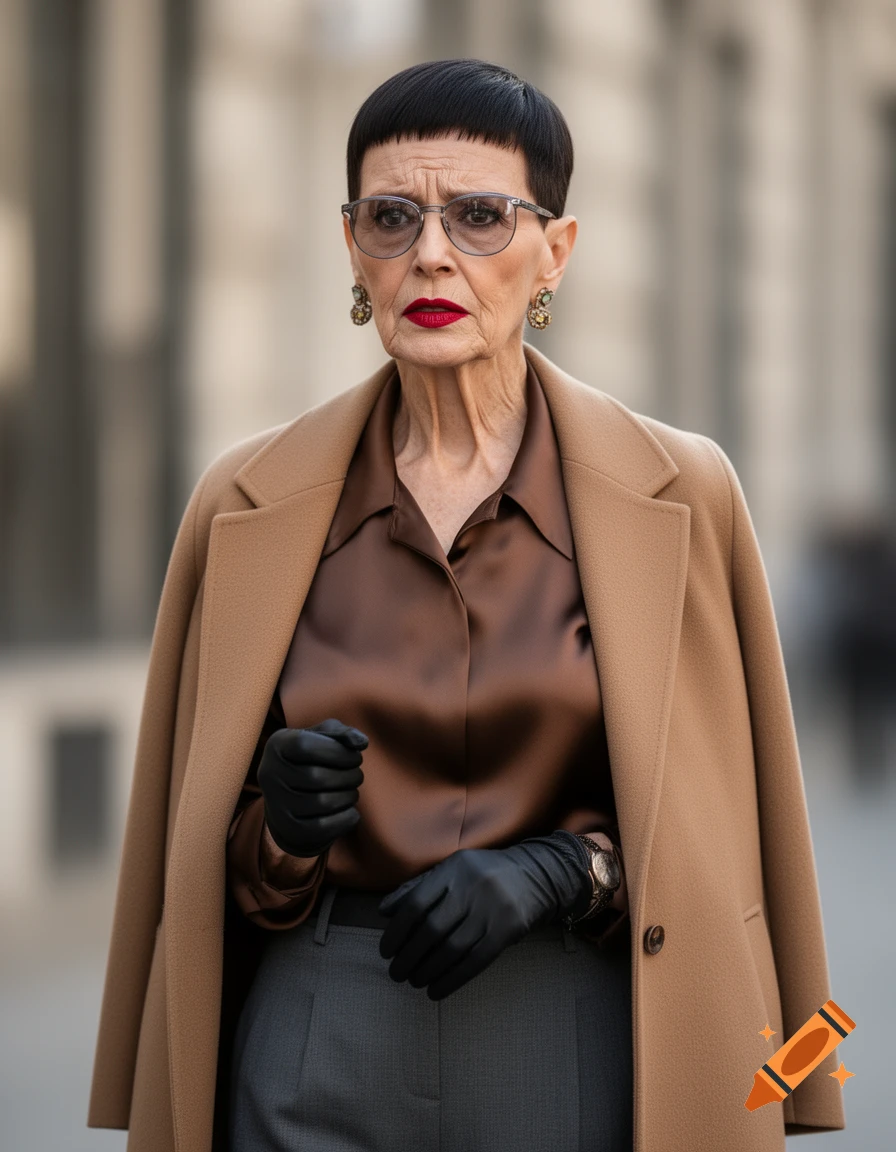 A mature woman with a bowlcut, red lipstick, glasses, and black gloves, wearing a tan coat and brown blouse, standing outdoors.