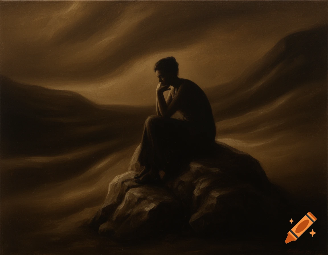 Modern painting in warm bronze tones depicts a silhouetted figure sitting on a rock in deep contemplation under a dramatic sky.