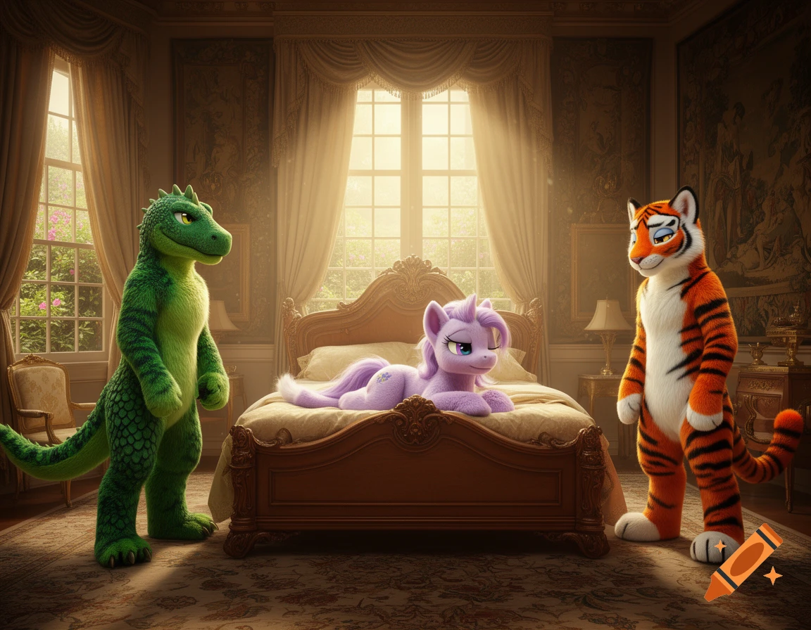 Photorealistic image of a purple pony fursuit lying on a royal bed, while a green dinosaur and orange tiger fursuit stand beside it.