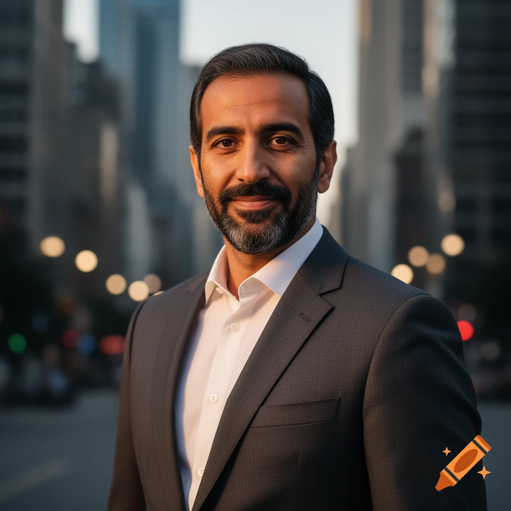 Photorealistic portrait of a smiling man with a beard in a grey suit and white shirt, standing in an urban setting.