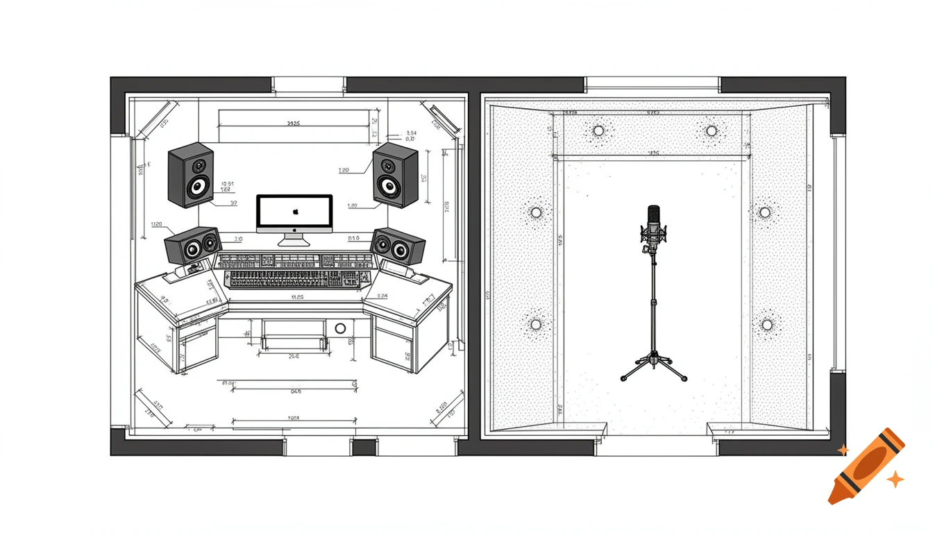 2D architectural blueprint showing the top-down layout of a music recording studio with a control room and a vocal booth.
