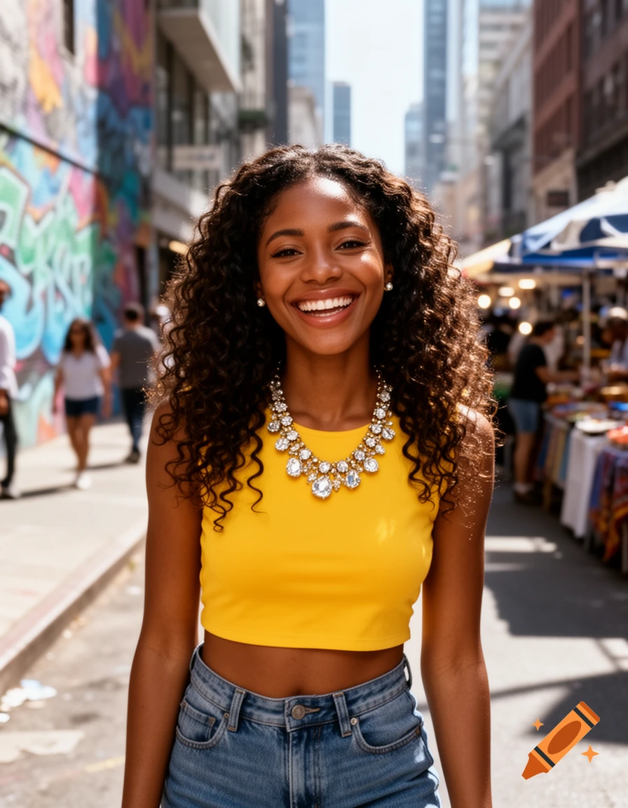 A smiling African American woman with curly hair wearing a yellow crop top and jeans, standing on an urban street with graffiti and market stalls.