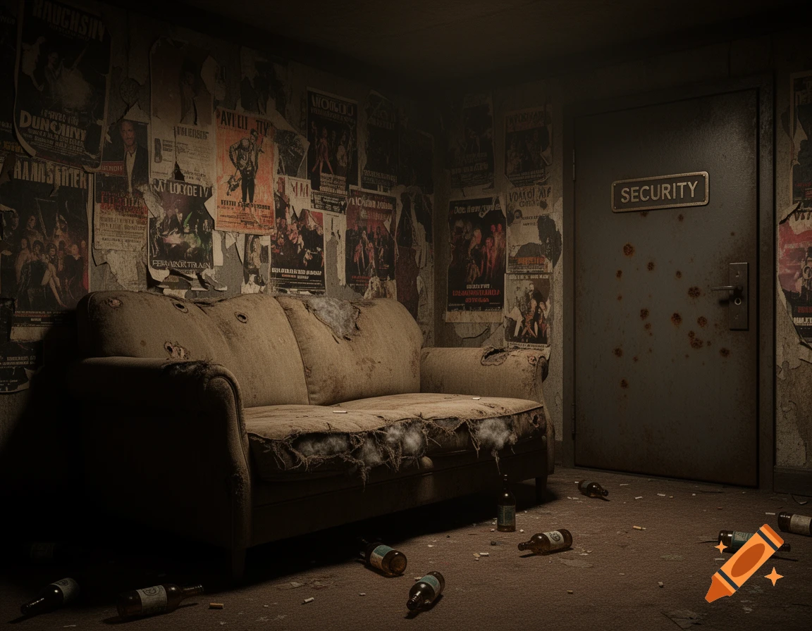A dark, dilapidated room with a torn, dirty sofa, a "SECURITY" door, and walls covered in garbled posters, with scattered bottles and cigarette butts on the floor, in a photorealistic style.