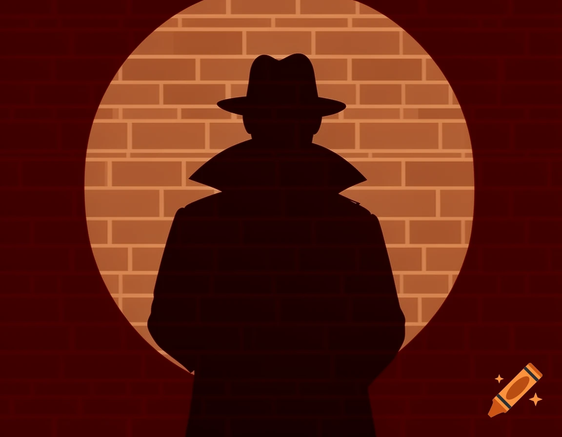 Minimalist vector illustration of a shadowy figure in a fedora and trench coat standing in a spotlight against a brick wall.