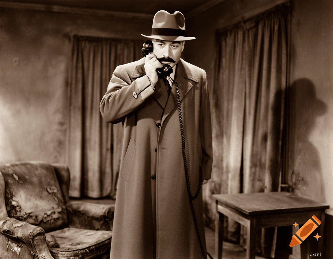 Sepia-toned photo of a mustachioed man in a fedora and trench coat holding a telephone in a dimly lit, shabbily furnished room.