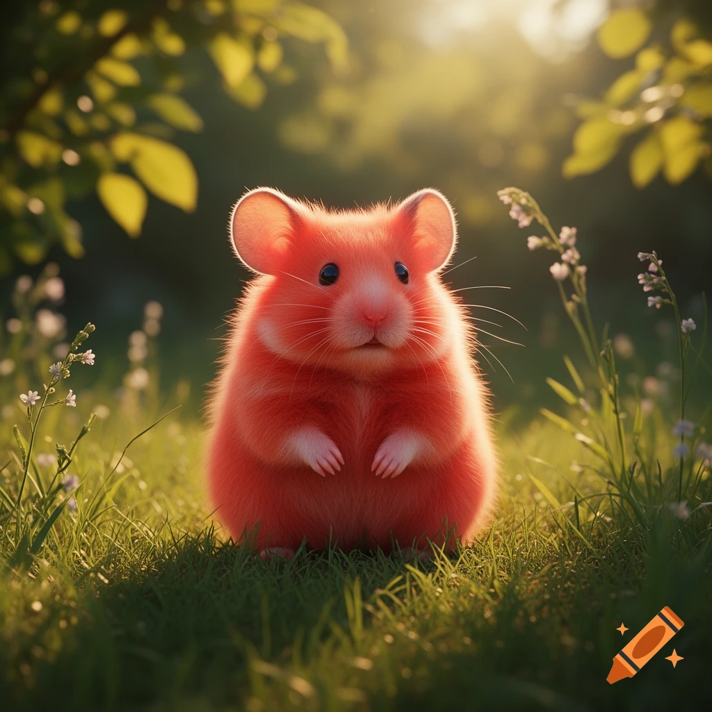 A fluffy, bright red hamster-like creature with large mouse ears sits in green grass with sunlight dappling through leaves.