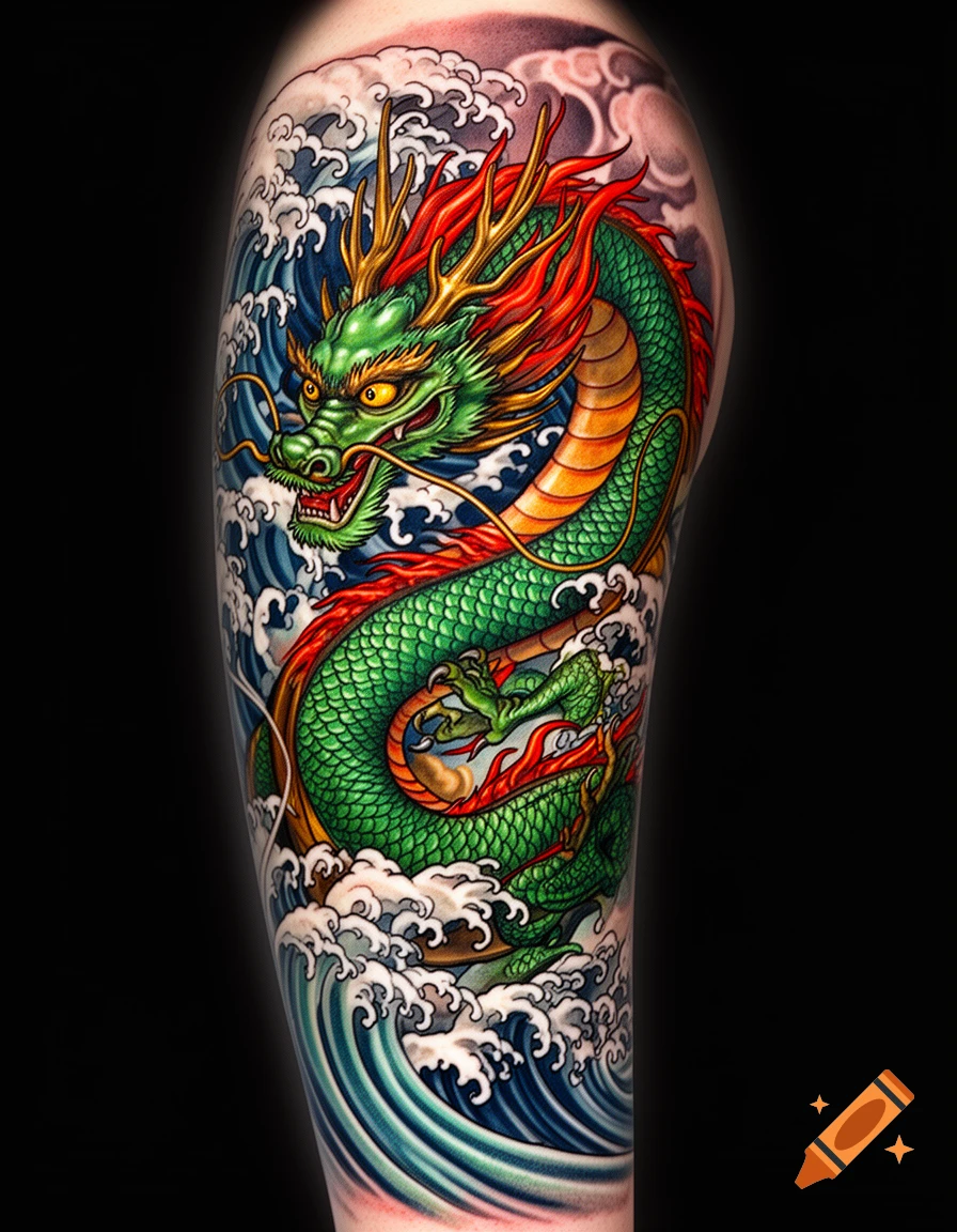 Vibrant green and red Korean dragon sleeve tattoo with golden horns amid crashing blue waves.