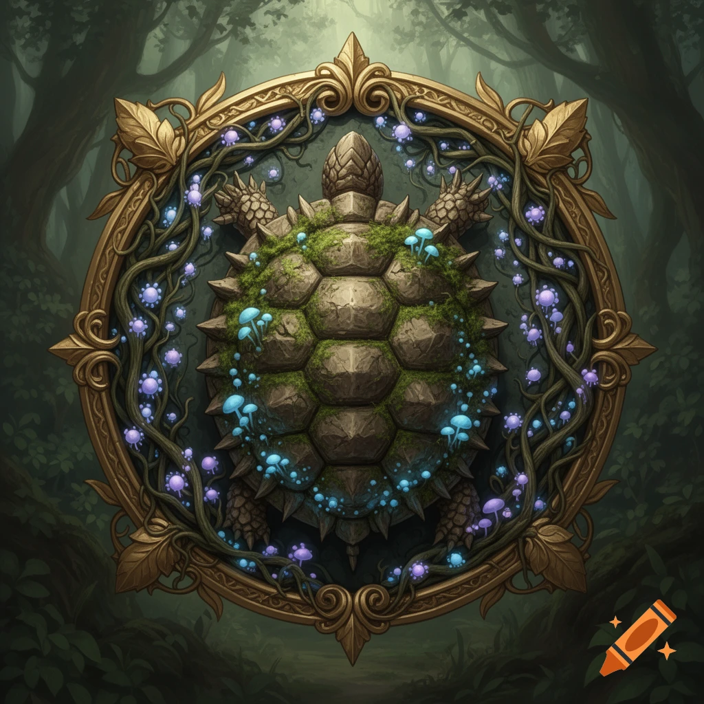 Ornate golden medieval crest featuring a mossy, spiky turtle shell with glowing blue and purple mushrooms, in a dark fantasy forest.