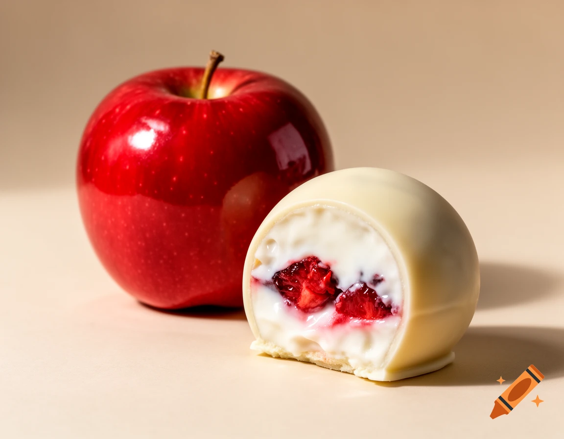 A shiny red apple sits next to a half-cut white chocolate sphere filled with white yogurt and diced red fruit on a beige surface.