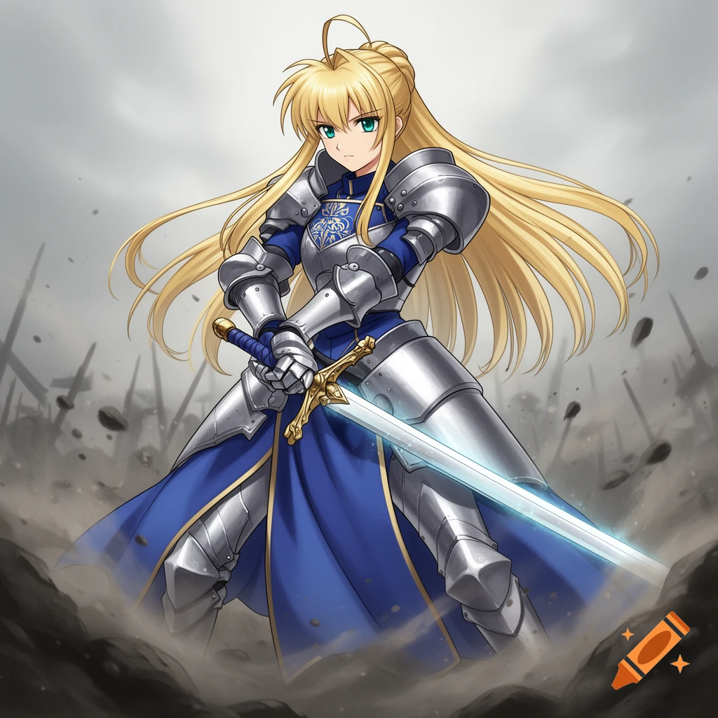Blonde anime female warrior in silver and blue armor holds a glowing sword on a dusty battlefield.