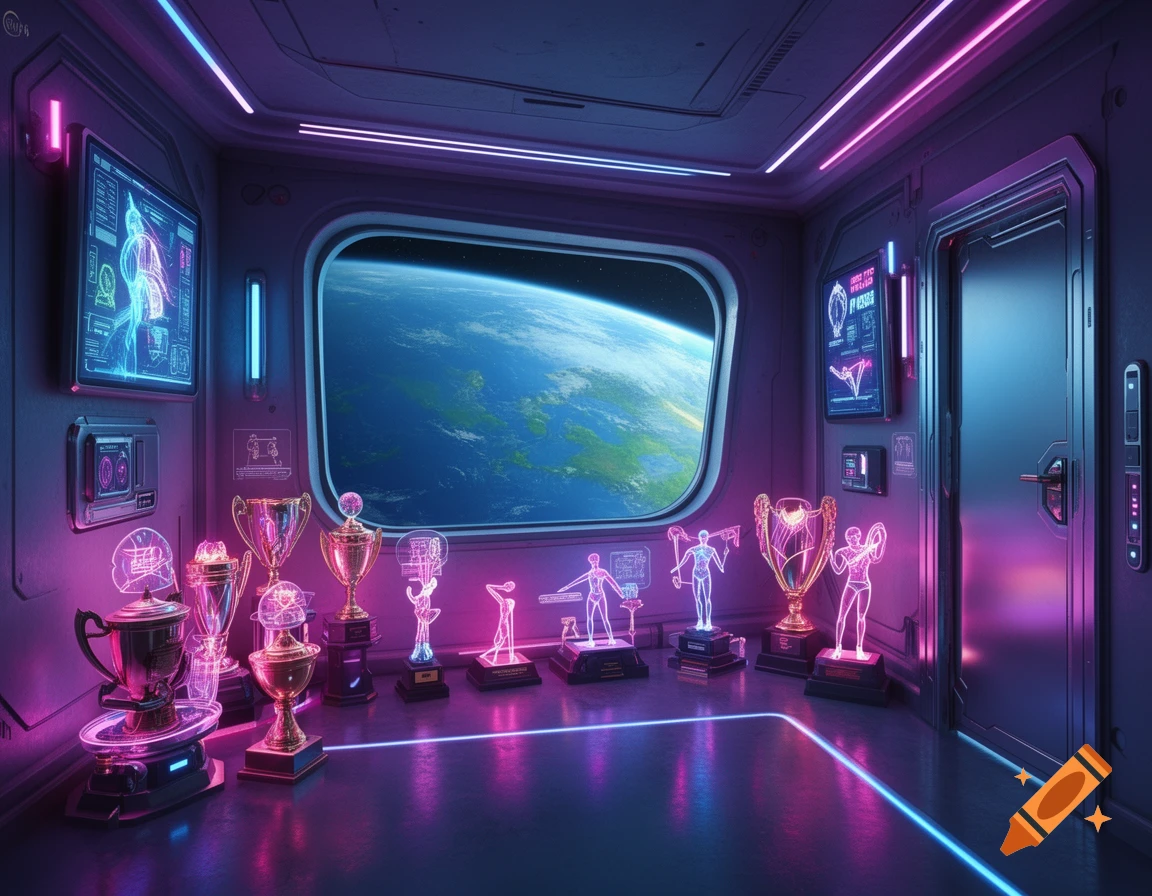 Cyberpunk space apartment with neon lights, holographic trophy figures, and a large window revealing Earth.