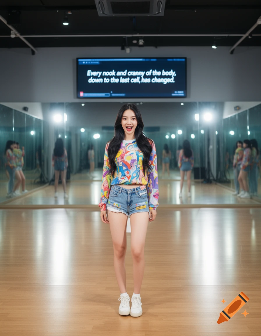A smiling young woman with long dark hair wears a colorful patterned top and denim shorts, standing in a dance studio with mirrors and a screen displaying text.