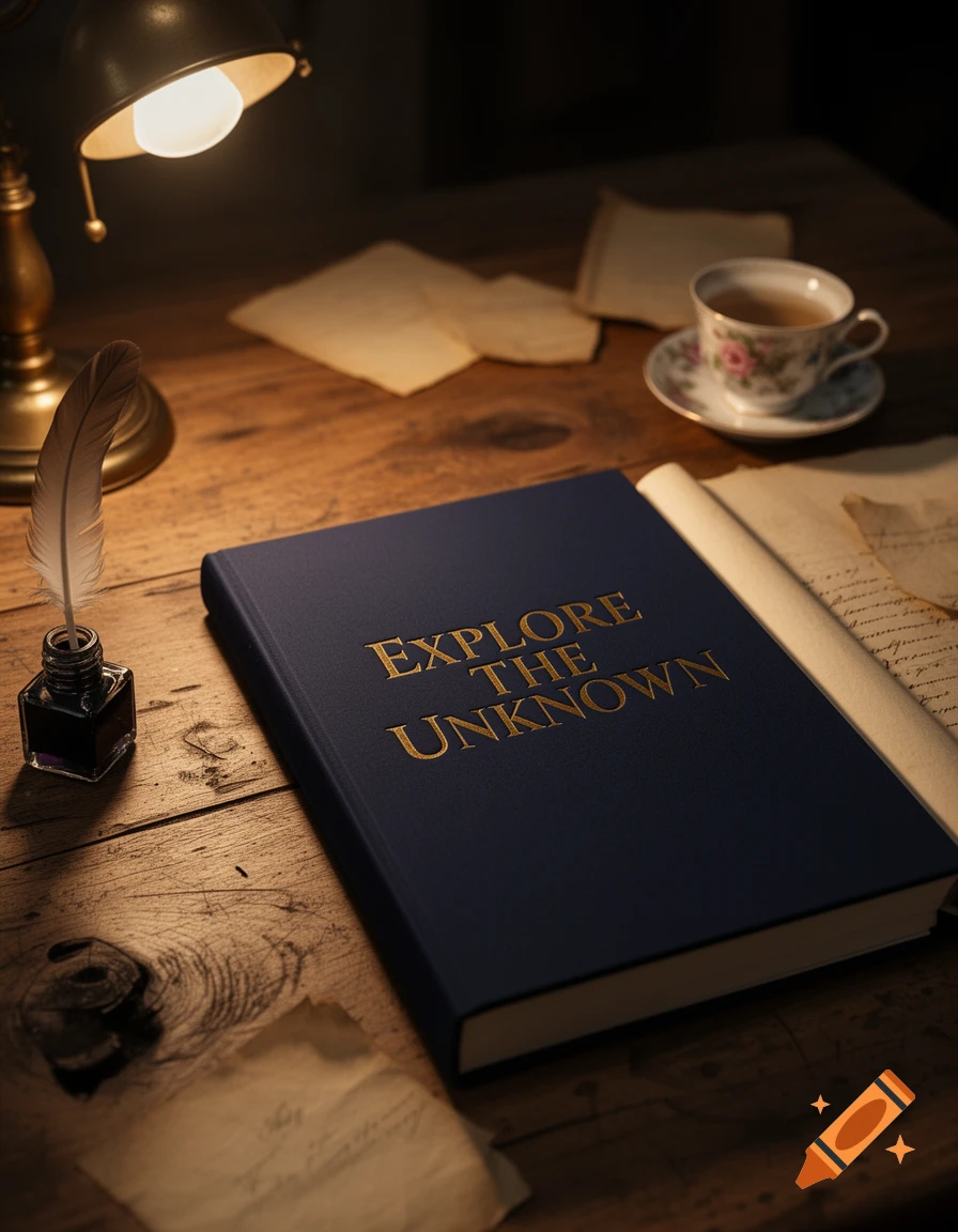 A dark blue book titled 'EXPLORE THE UNKNOWN' on a wooden desk with a quill, inkwell, lamp, and teacup.