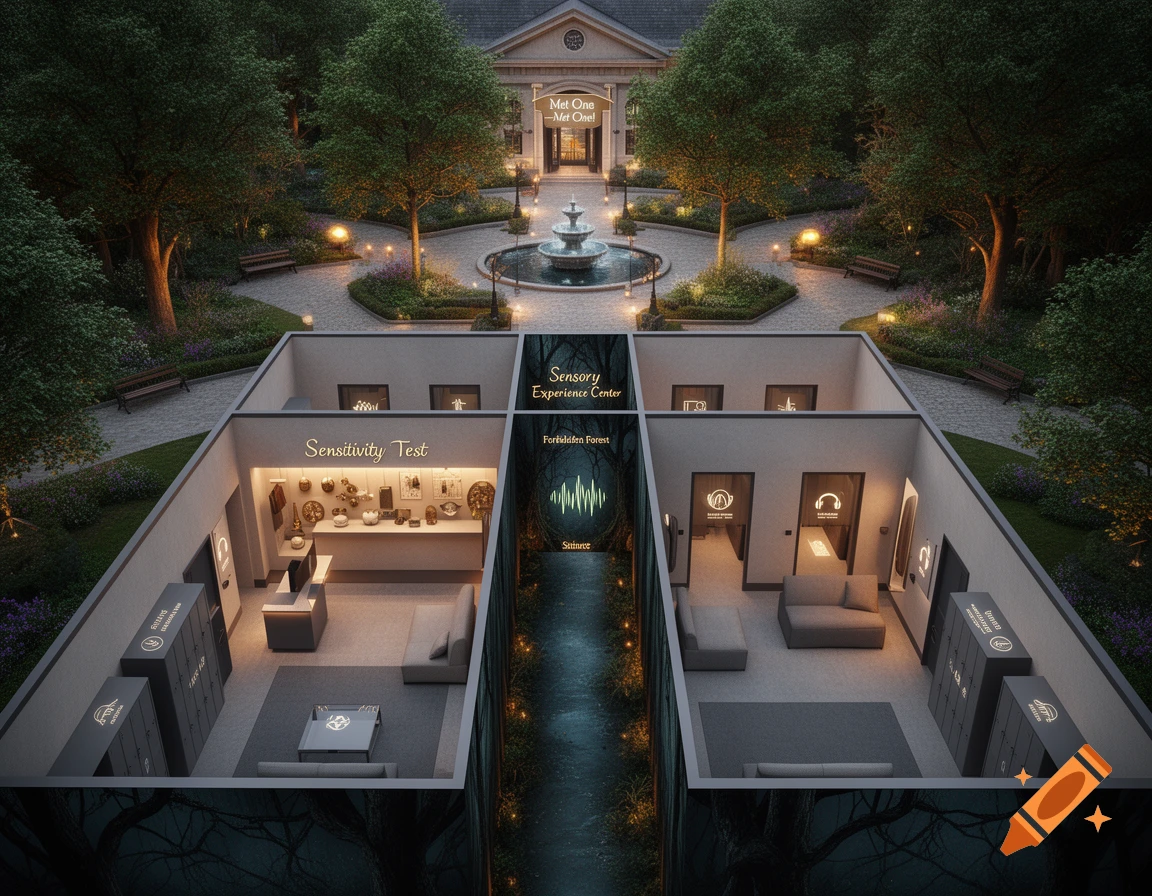 A detailed bird's-eye view of a "Sensory Experience Center" featuring a green courtyard with a fountain, leading to rooms with "Forbidden Forest" themes and warm lighting.