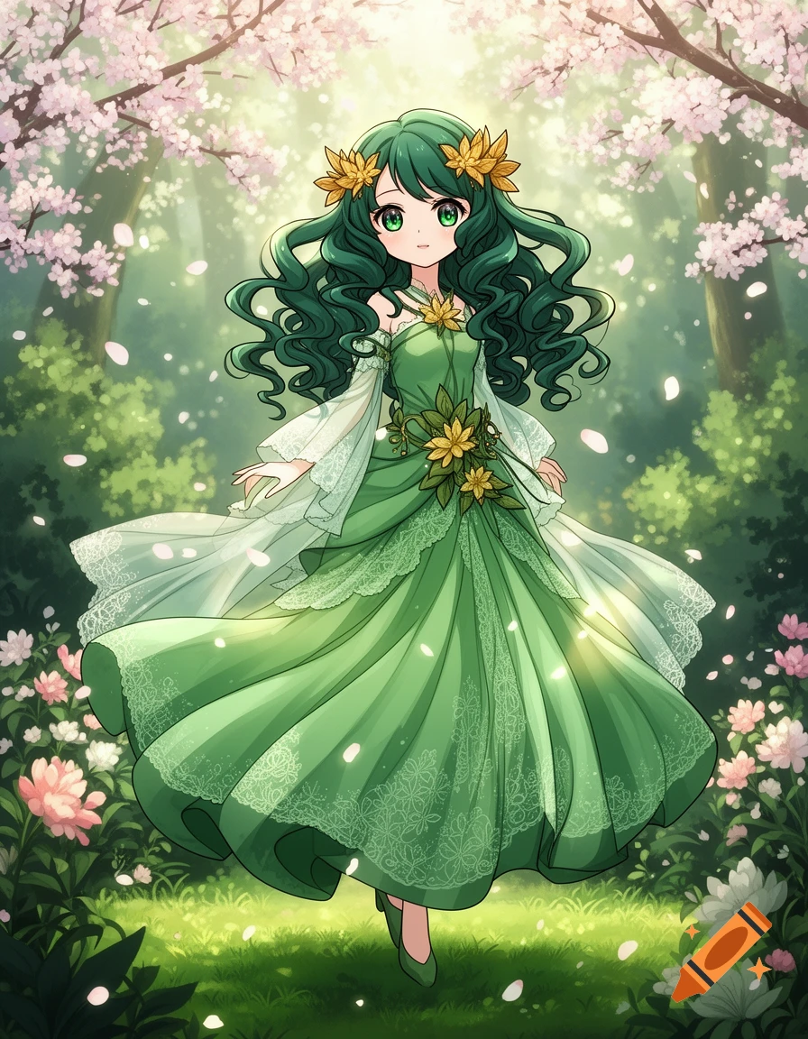 An anime girl with long green hair and a green dress adorned with yellow flowers stands in a cherry blossom forest with petals falling.