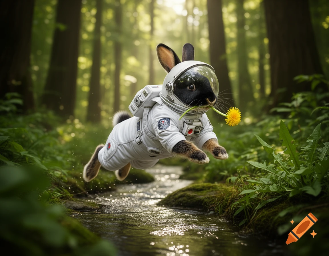 Photorealistic black and tan rabbit in an astronaut suit leaping over a forest stream, holding a dandelion in its mouth.
