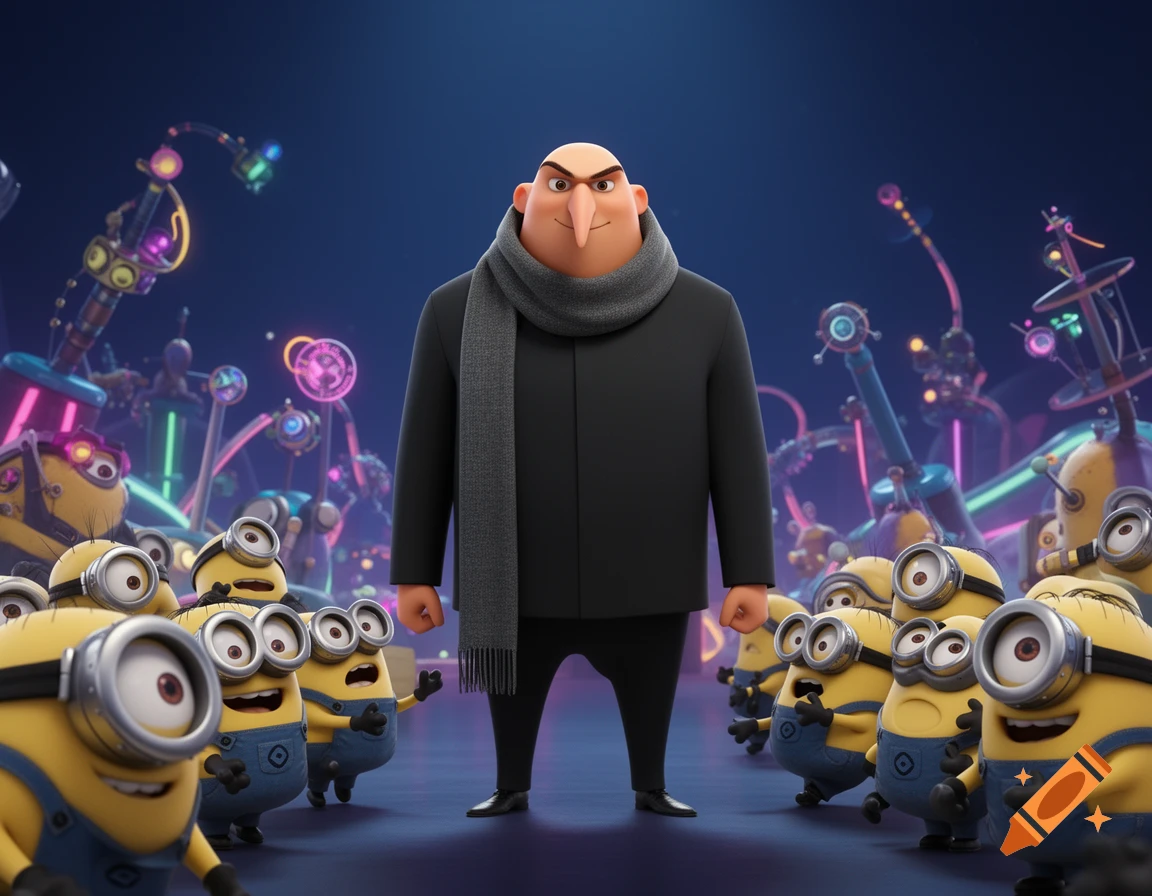 Gru, a bald man in a black coat and grey scarf, stands surrounded by many yellow Minions in a neon-lit futuristic lab.
