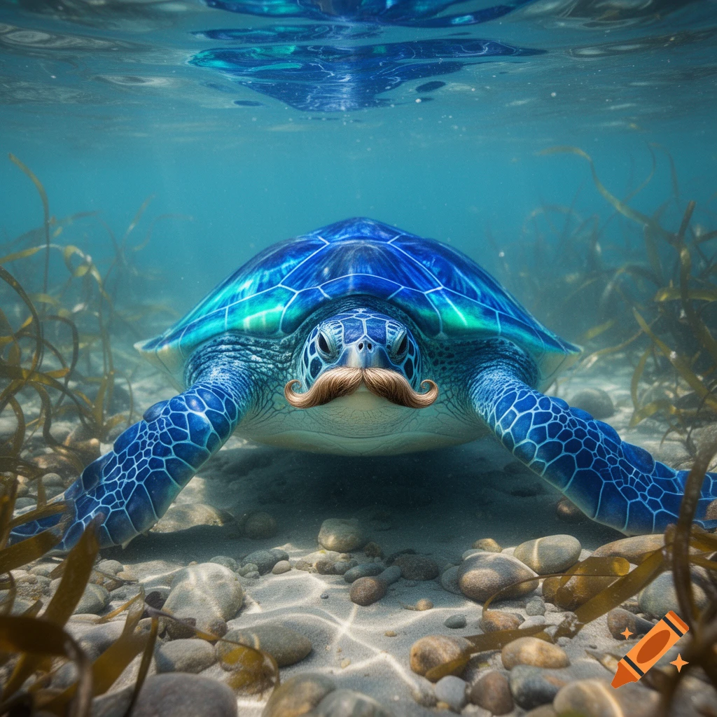 A photorealistic blue sea turtle with a handlebar mustache on its face, swimming on the sandy ocean floor.