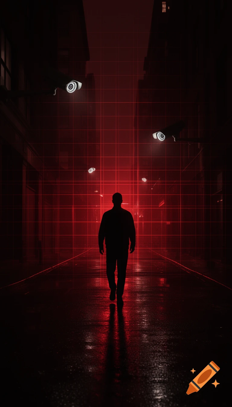 A silhouetted person walks on a wet city street under red grid lines and glowing surveillance cameras, depicting an ominous, cyber-noir scene.
