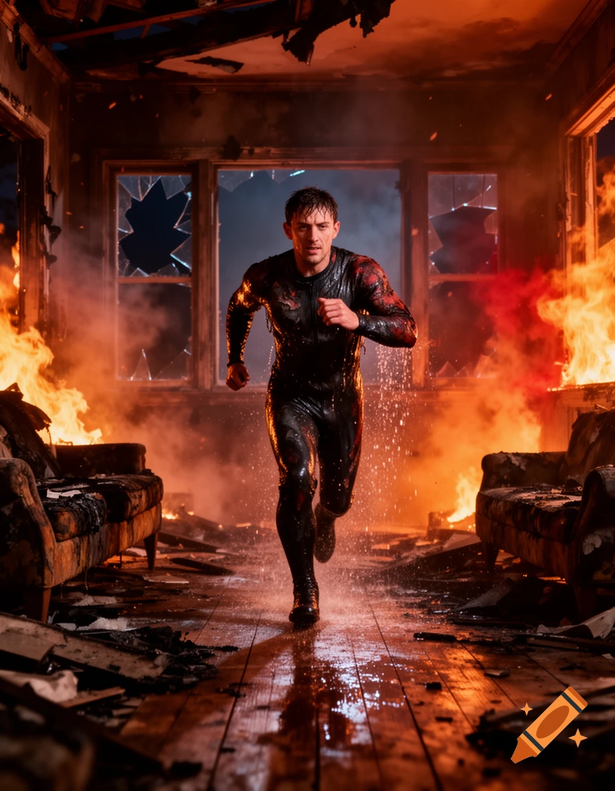 A man in a dark, wet suit runs through a burning, debris-strewn house with broken windows and flames.