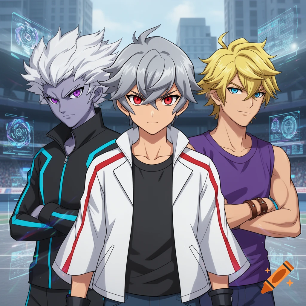 Three anime-style boys, one with white hair and purple skin, one with gray hair and red eyes, and one with blonde hair, pose in a stadium with holographic elements.