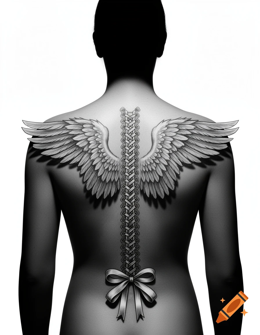 Black and grey tattoo of feathered angel wings and corsetry lacing tied in a bow on a person's back, isolated on white.