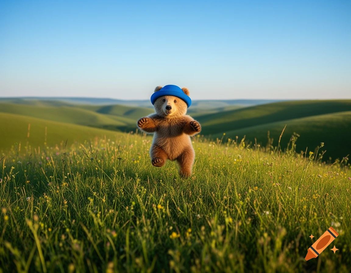 A photorealistic baby bear in a blue hat runs through a vibrant green grassy field under a clear blue sky.