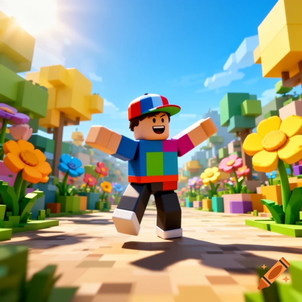 A blocky style character in a colorful, pixelated world with flowers and trees under a bright blue sky.