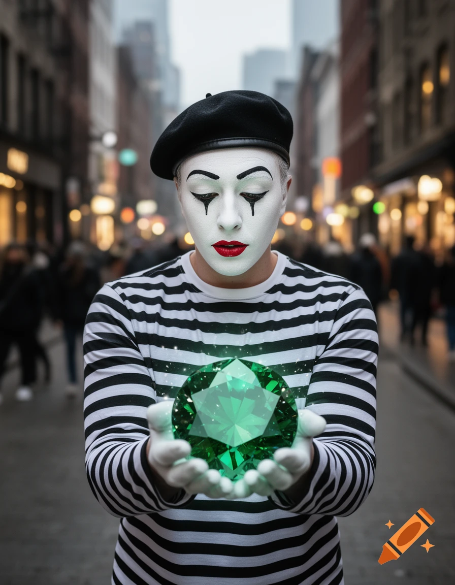 A mime in a striped shirt and beret with white face paint and red lips holds a large glowing green gemstone on a city street.