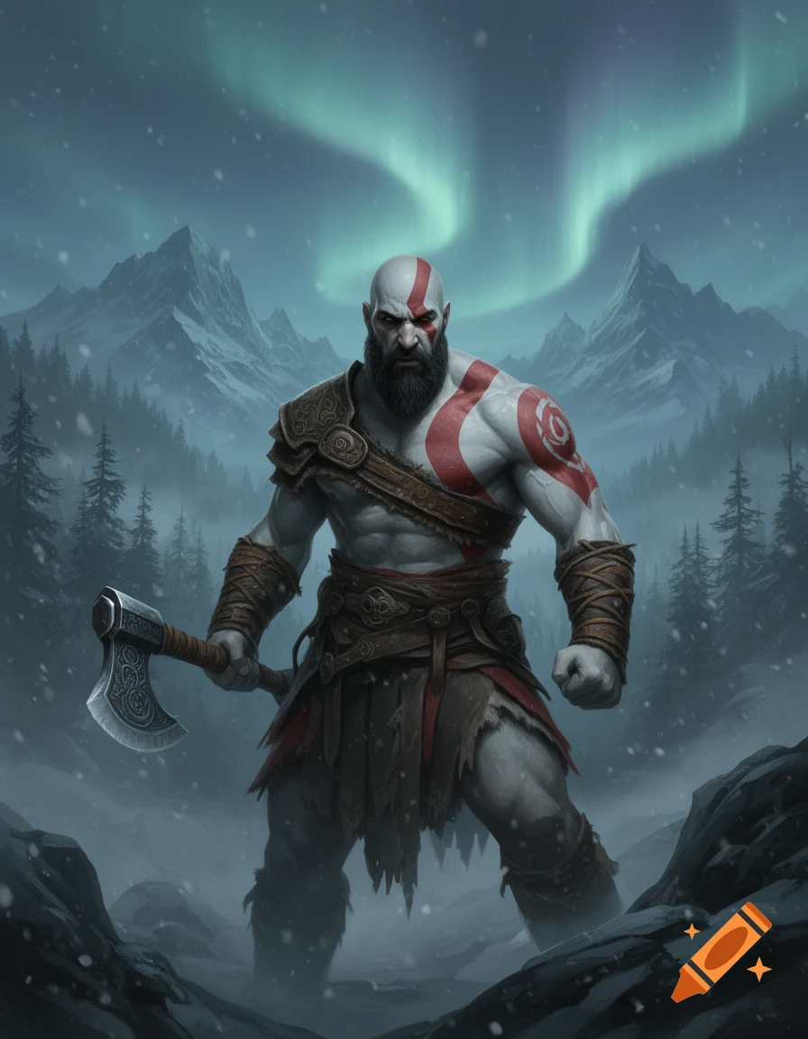 Kratos from God of War stands in a snowy mountain landscape under the aurora borealis, holding a battle axe.