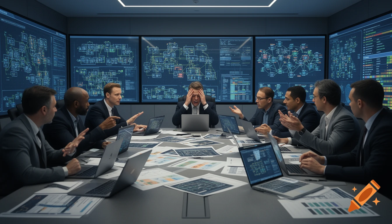 A stressed man in a suit at a conference table with colleagues, laptops, and documents, surrounded by screens displaying complex technical diagrams in a modern office.