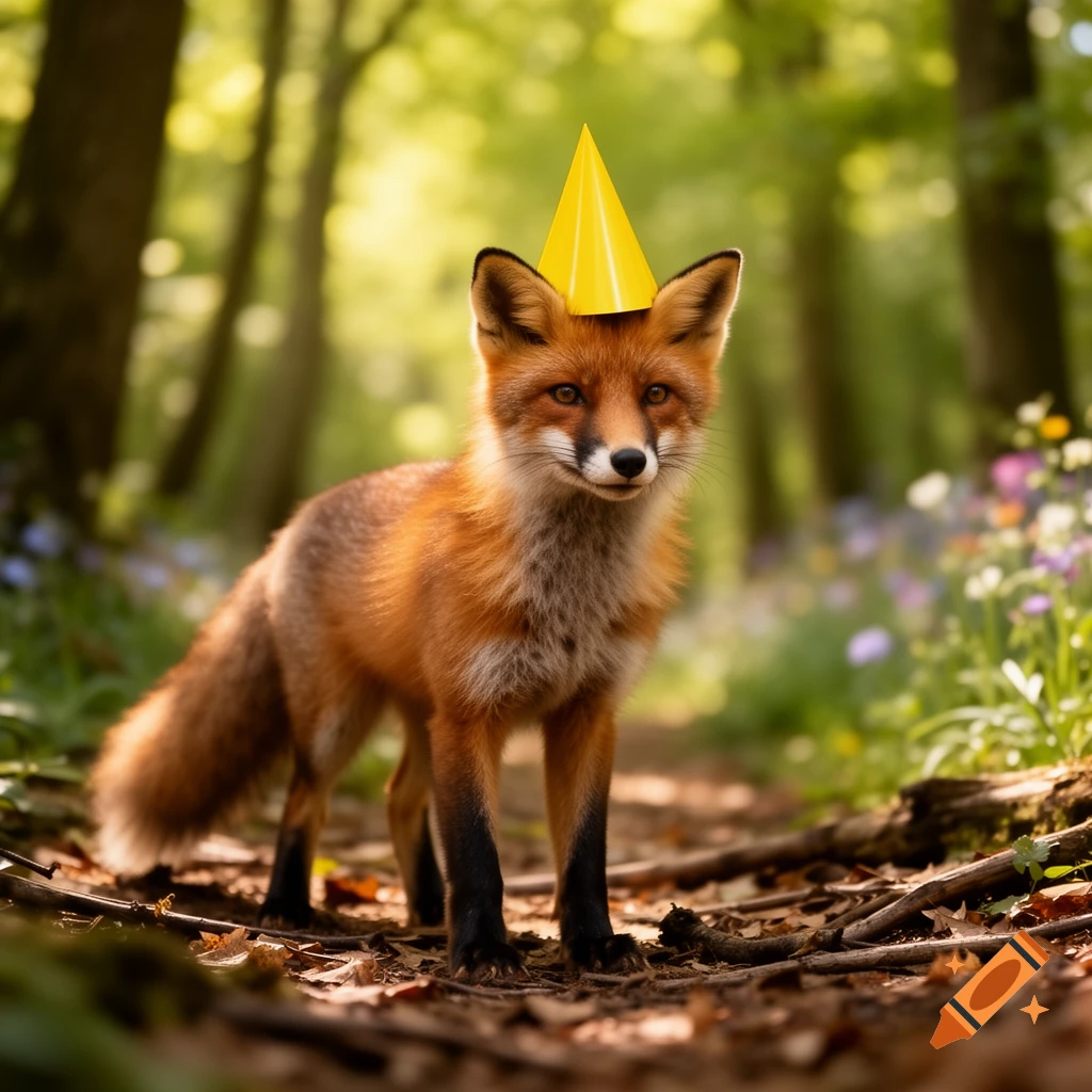 A red fox wearing a yellow party hat stands on a forest path with trees and flowers in the background, photorealistic style.
