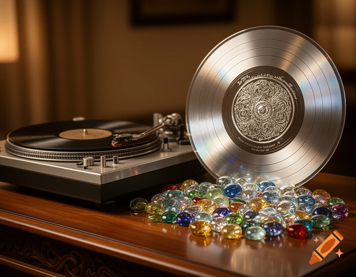 A silver record stands upright next to a turntable, surrounded by a pile of sparkling, colorful glass stones on a wooden table.