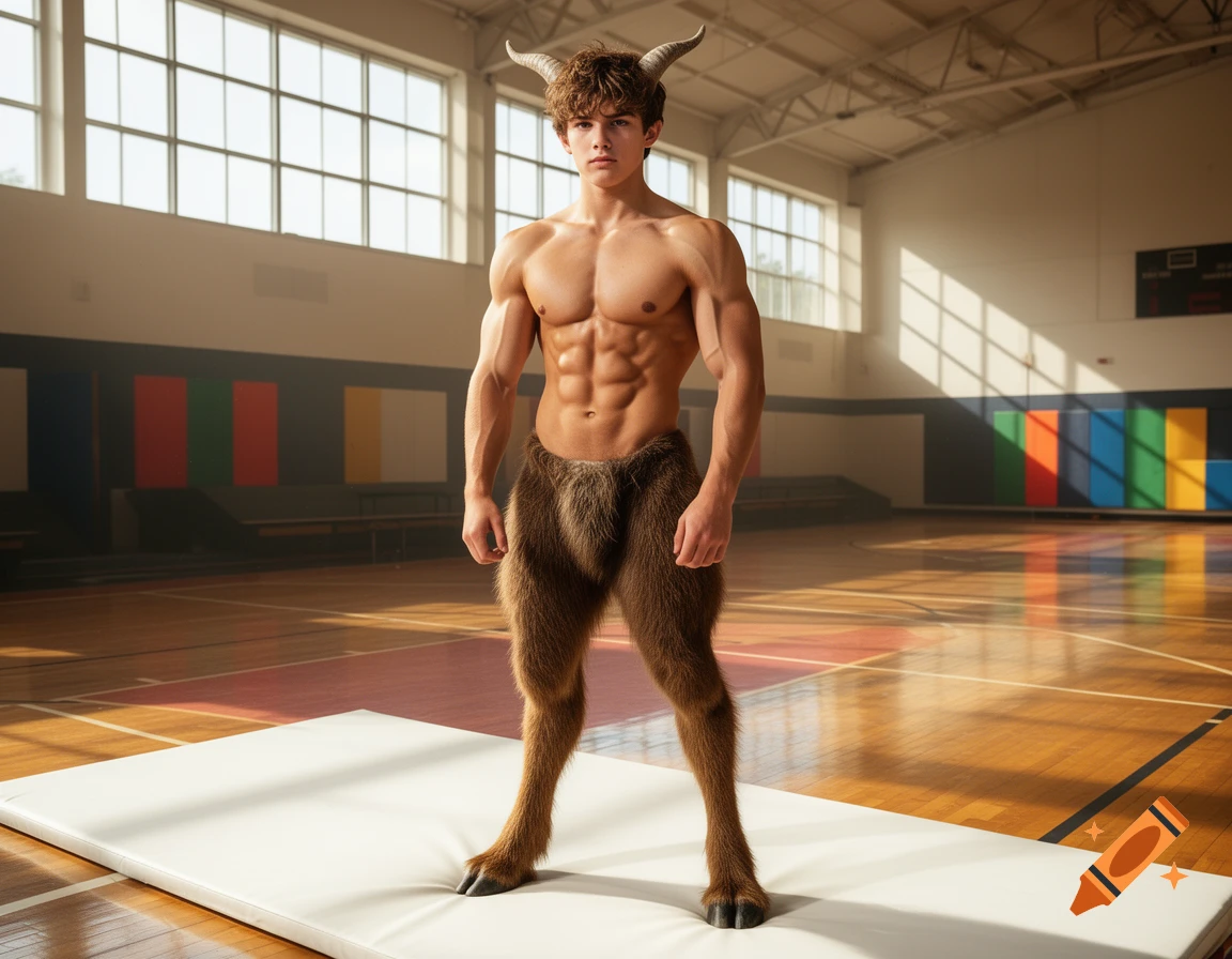 A hyperrealistic teenage male satyr with defined abs and goat legs stands on a white mat in a sunny school gym.