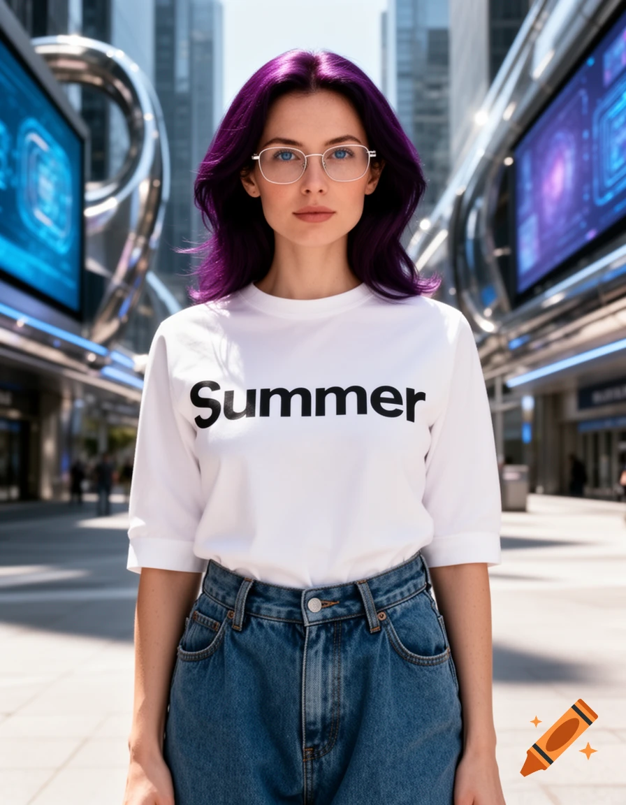 A woman with purple hair and glasses wears a white t-shirt with "Summer" written on it, and blue jeans, standing in a futuristic city.