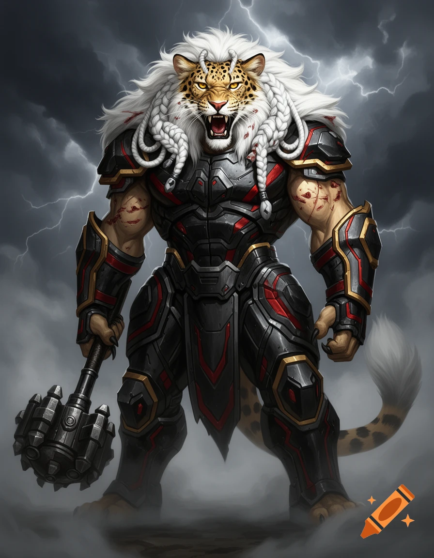 A roaring anthropomorphic leopard warrior in black, red, and gold sci-fi fantasy armor, holding a mace under a stormy, lightning-filled sky.