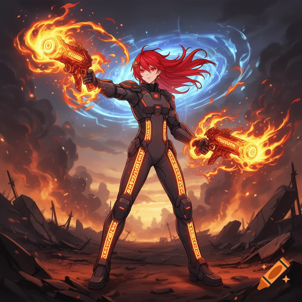 A red-haired anime warrior in a dark suit with glowing orange lines, wielding two flaming guns, stands amidst a fiery, war-torn landscape. A blue portal-like energy swirls behind her.