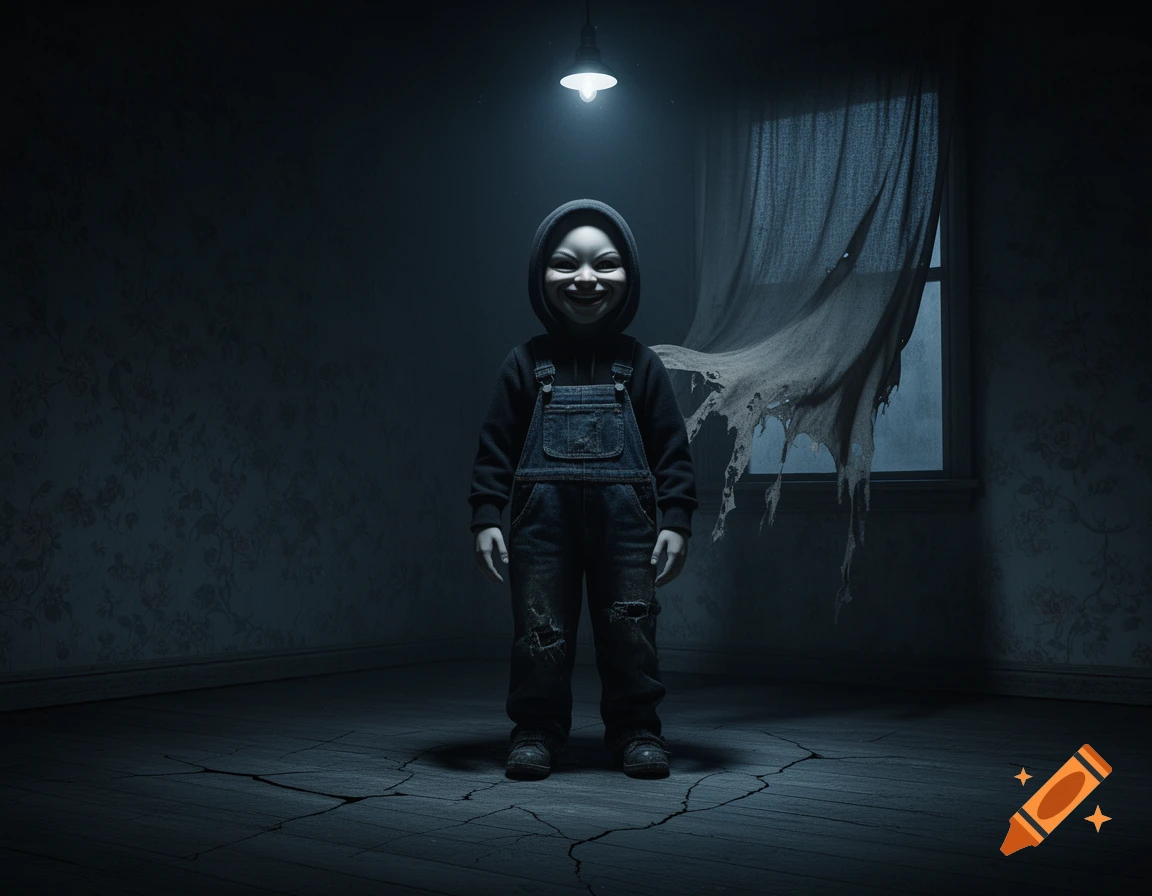 A creepy child-like doll in overalls and a hoodie stands smiling in a dark, dilapidated room with a torn curtain.
