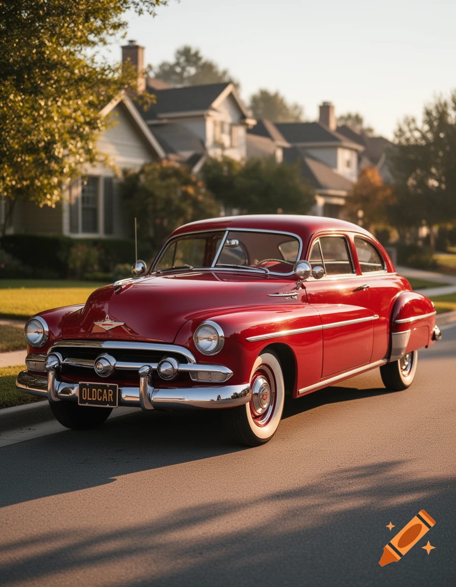 A shiny red vintage car with whitewall tires parked on a suburban street with houses and trees in the background.
