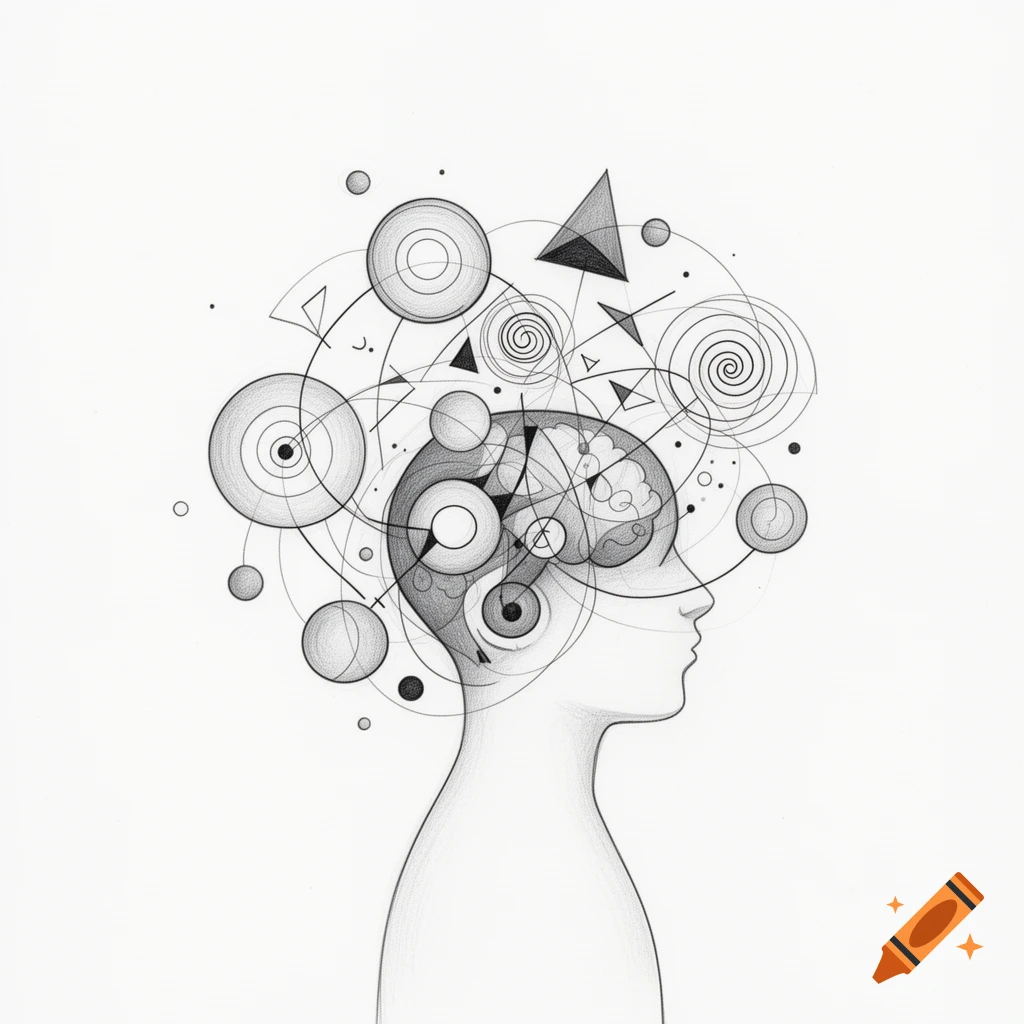 Minimalist black and white drawing of a human head in profile, brain filled with geometric shapes, lines, and abstract patterns.