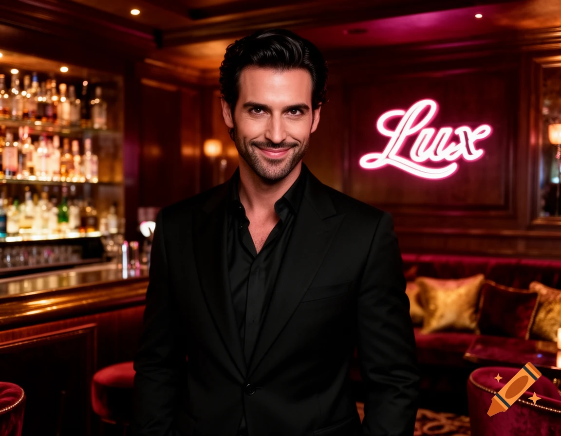 A smiling man in a black suit stands in a dimly lit bar with a glowing pink neon sign that reads "Lux".