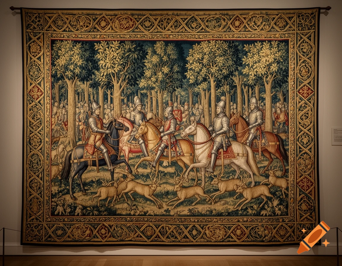 A large medieval tapestry hangs in a museum, depicting knights on horseback hunting deer in a forest with an ornate border.