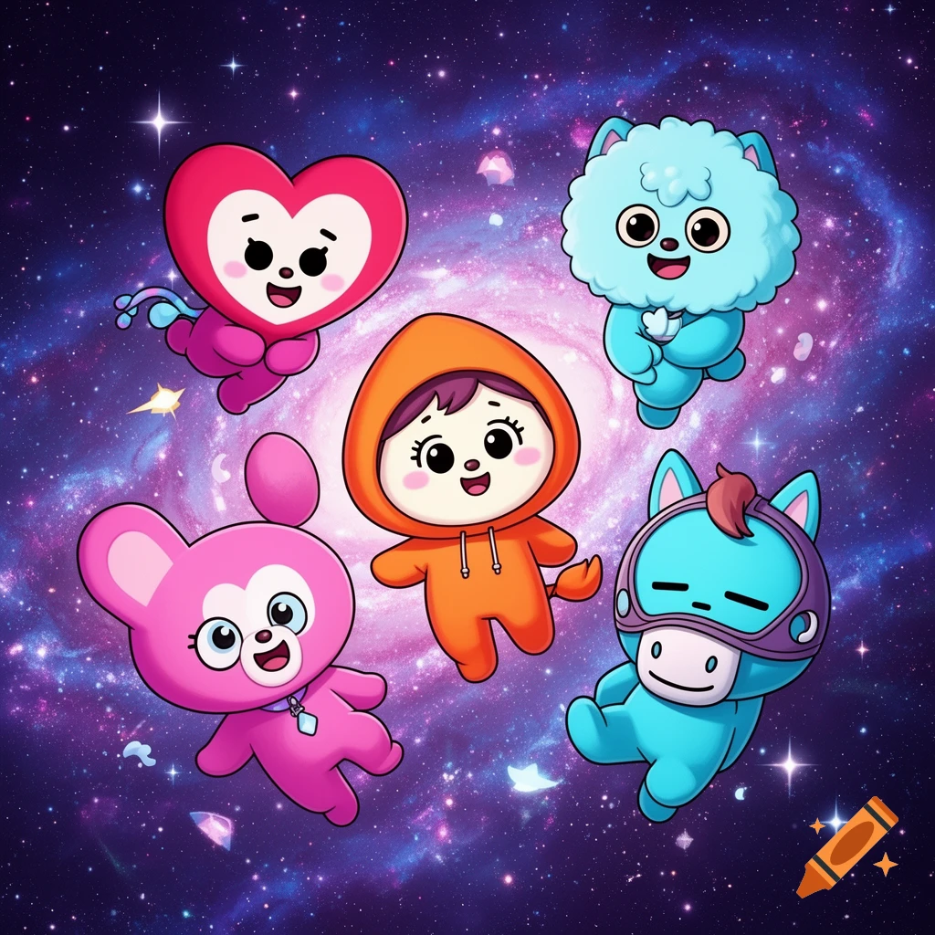 Five adorable, colorful cartoon characters, including a pink heart, an orange hooded figure, a blue fluffy creature, a pink bunny, and a blue horse, float in a vibrant purple galaxy.