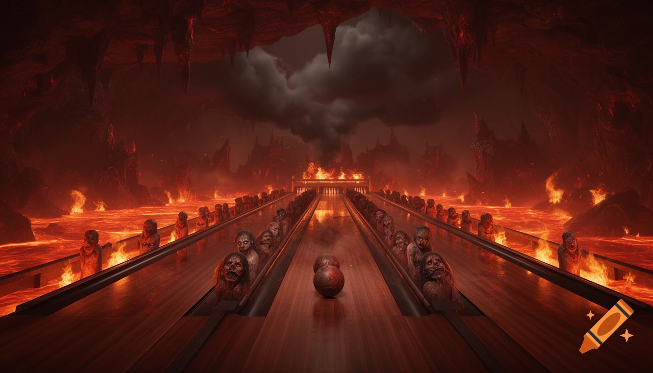 A dark, surreal image of a bowling alley in hell, with zombie-like figures as pins and a bowling ball on the lane, surrounded by lava.