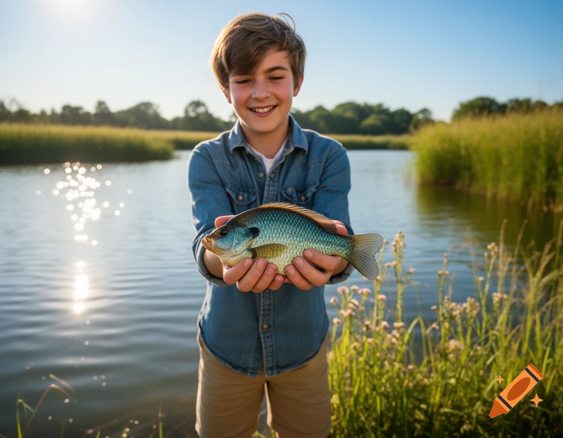 A smiling boy holds a small bluegill fish by a sunny pond with tall grass. Photorealistic.