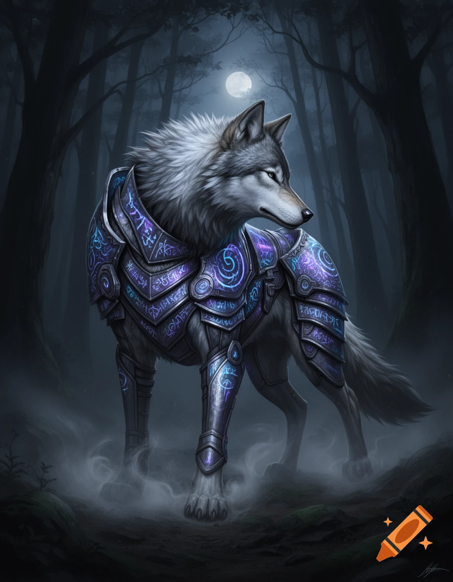 A majestic dire wolf in glowing purple and blue armor stands in a dark, misty forest under a full moon.